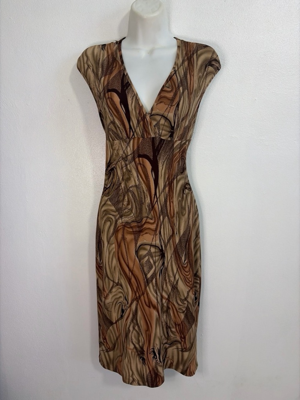 Unit Brown Swirl Print Faux Wrap Dress Small Empire Waist V-Neck Boho